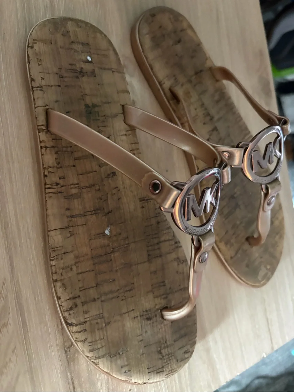 Women’s Metallic cork Rose Gold Logo Thong Sandals